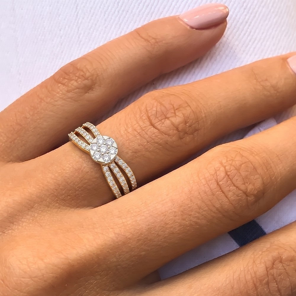 Hand wearing a diamond ring on a white background.