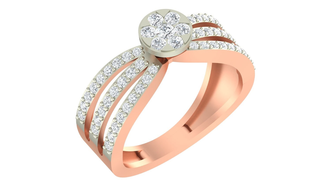 Rose cluster gold ring with diamond accents on a white background.