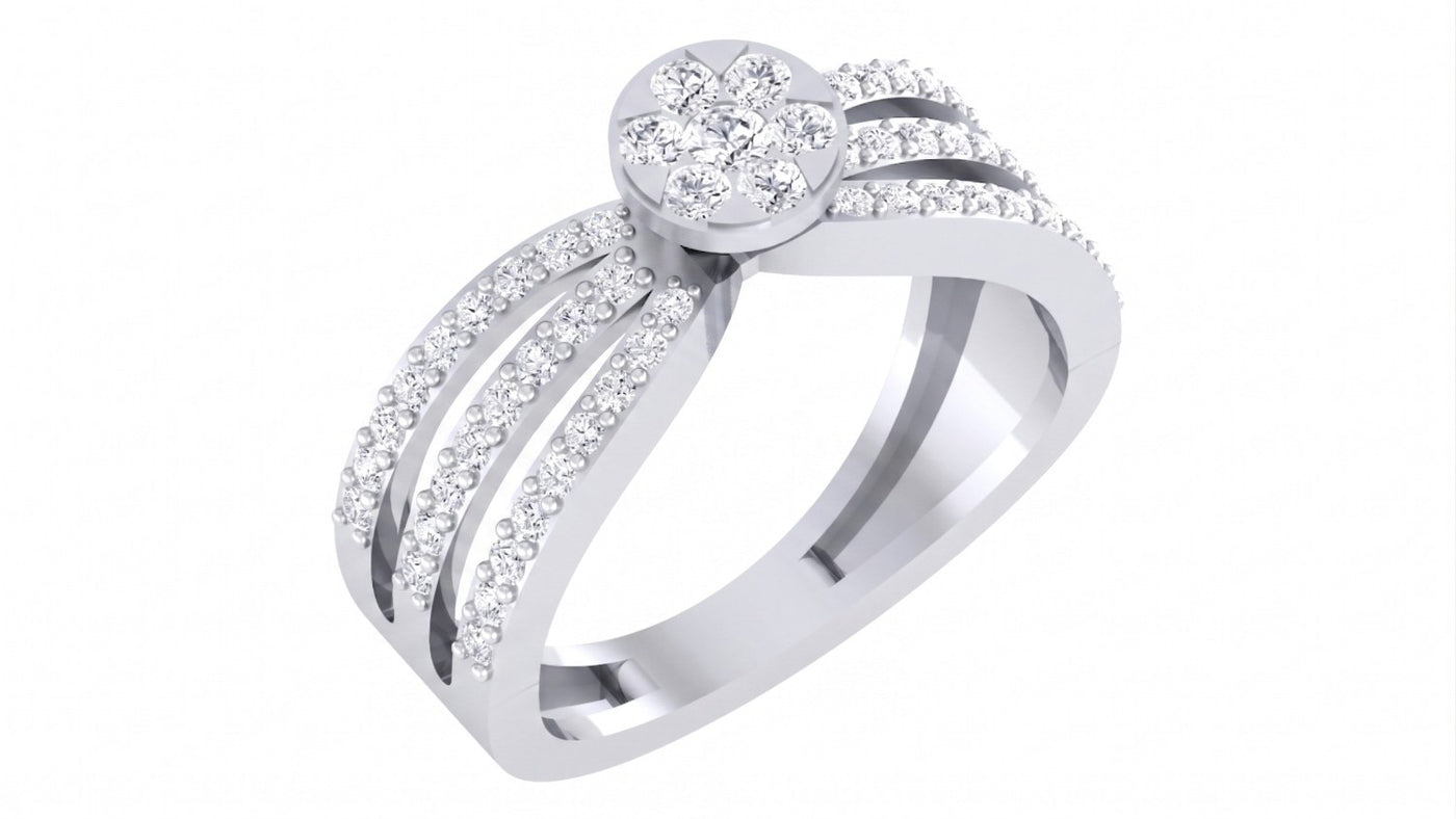 White cluster gold ring with diamond accents on a white background.