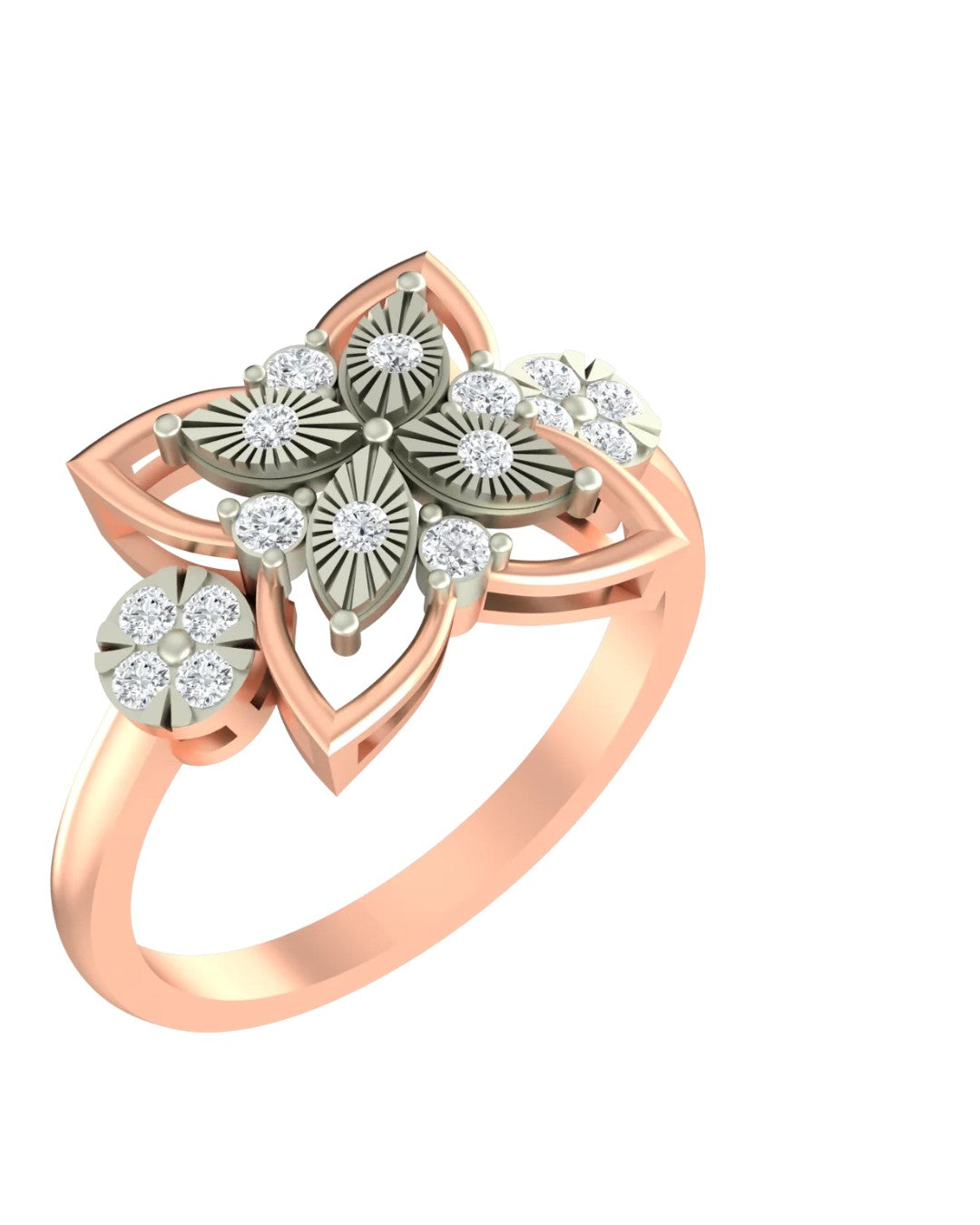 A rose gold ring featuring a floral cluster design with petals, shown on a plain white background.