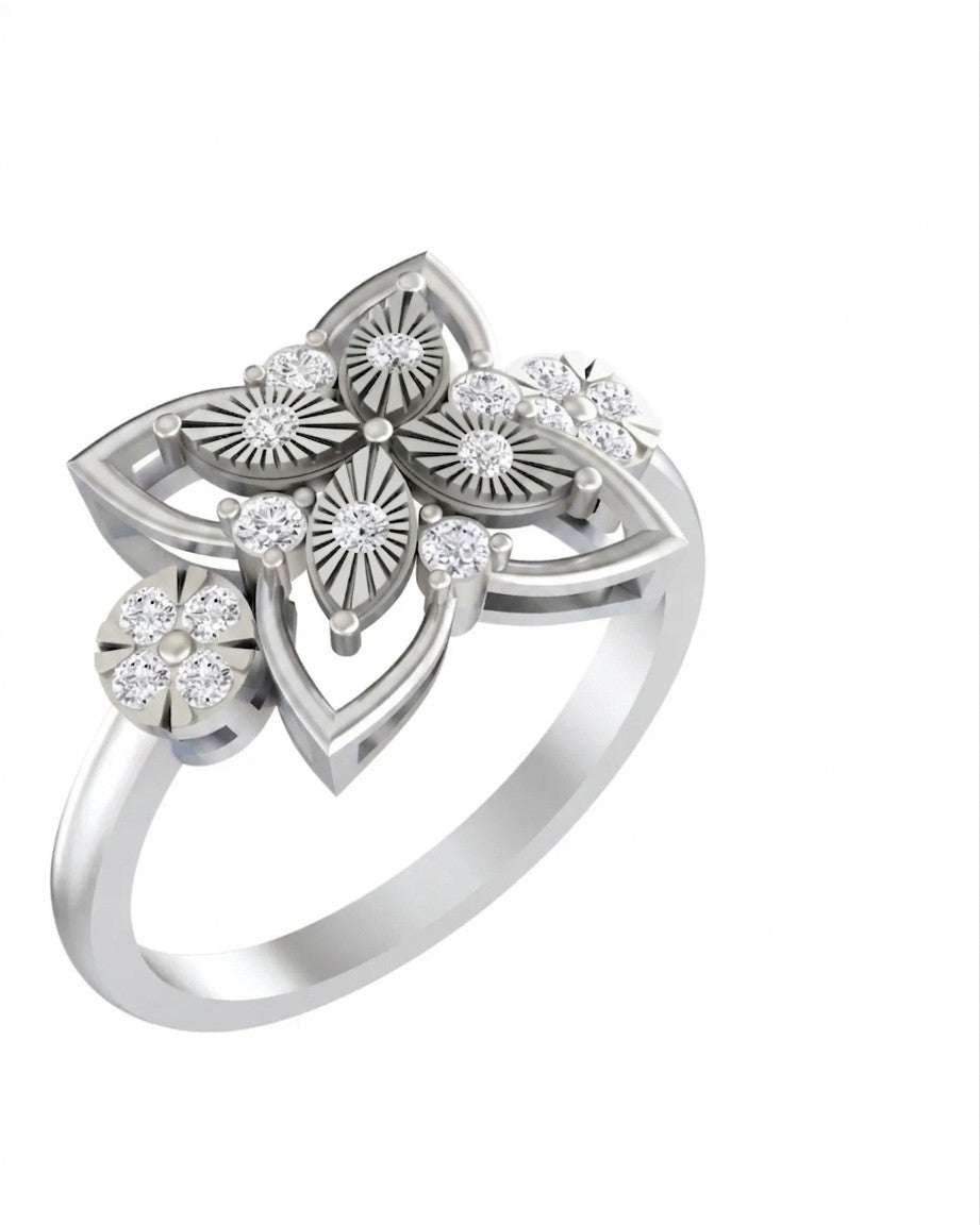 A white gold ring featuring a floral cluster design with petals, shown on a plain white background.