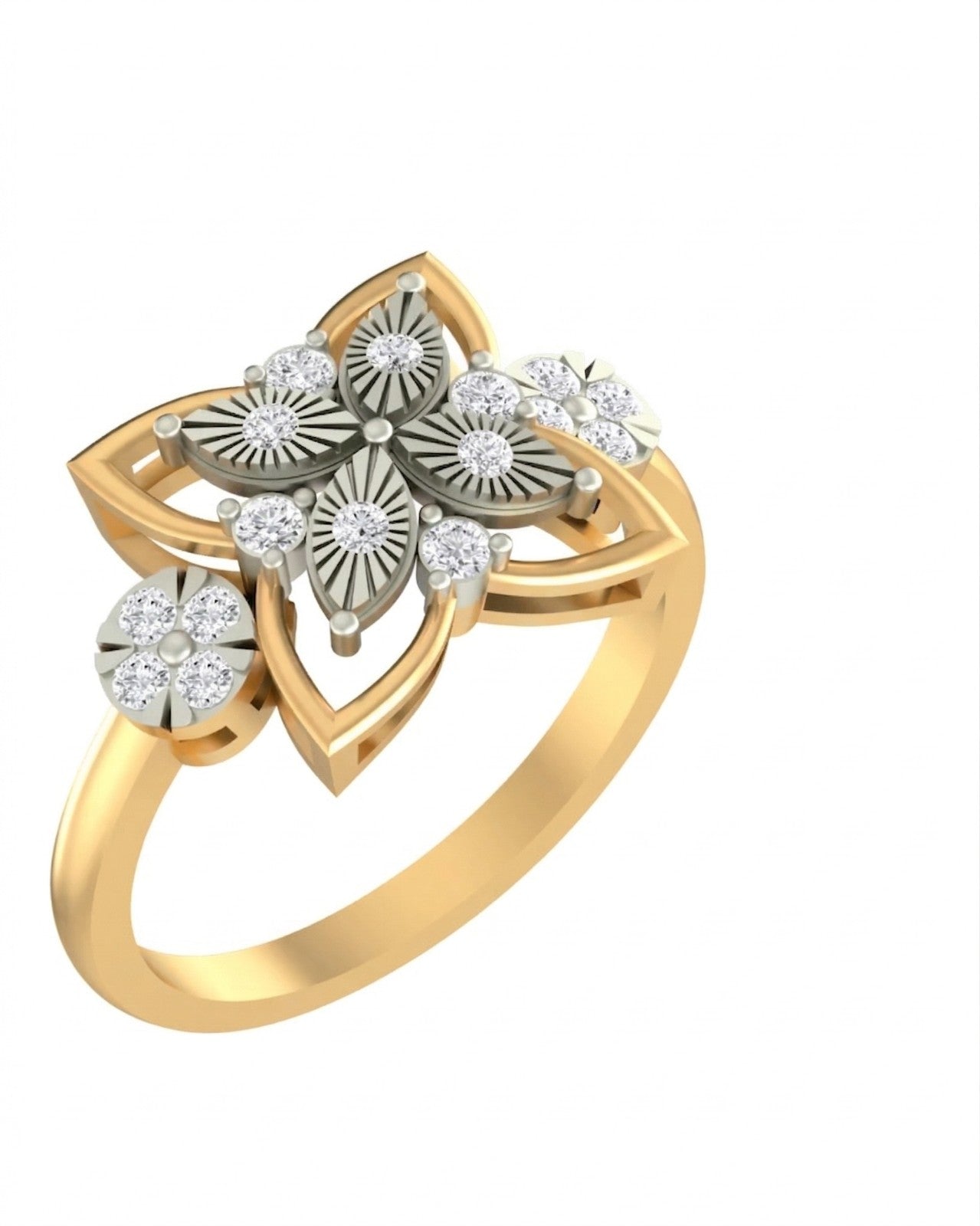 A yellow gold ring featuring a floral cluster design with petals, shown on a plain white background.