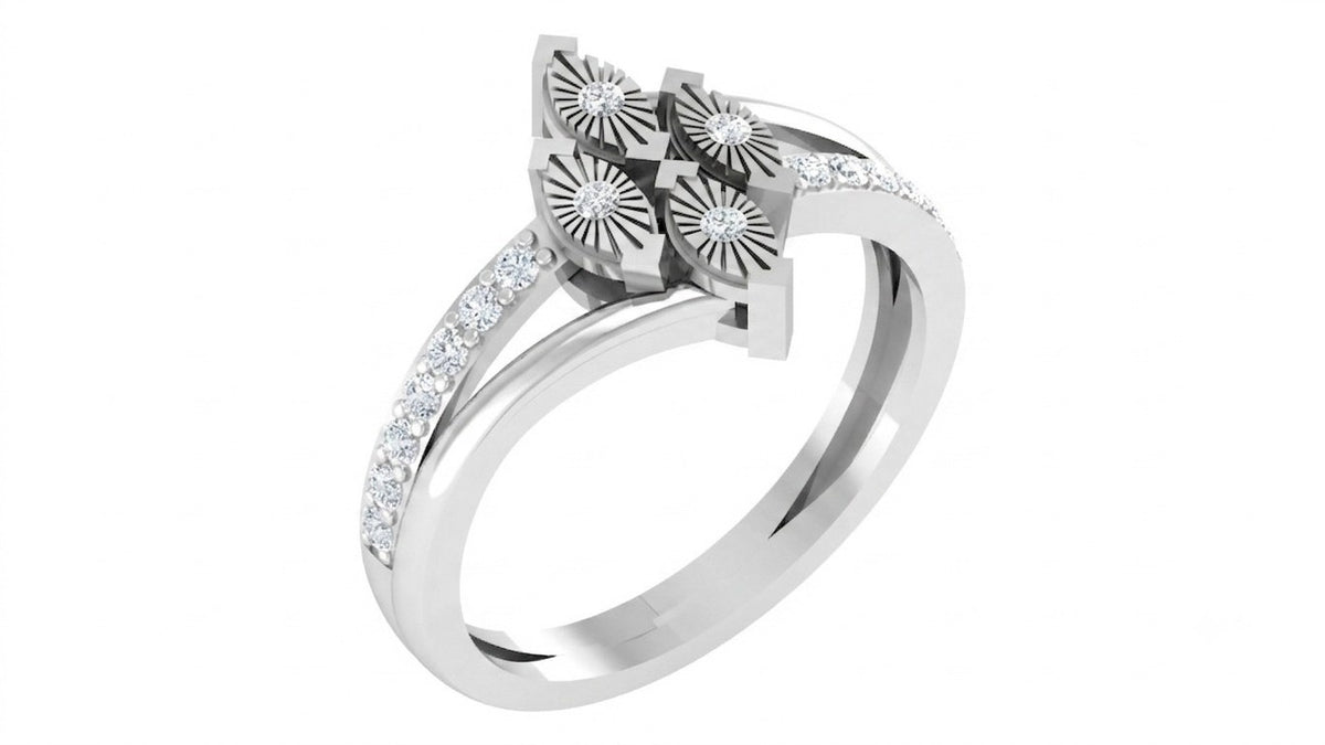 White ring with floral design and small diamonds on a white background