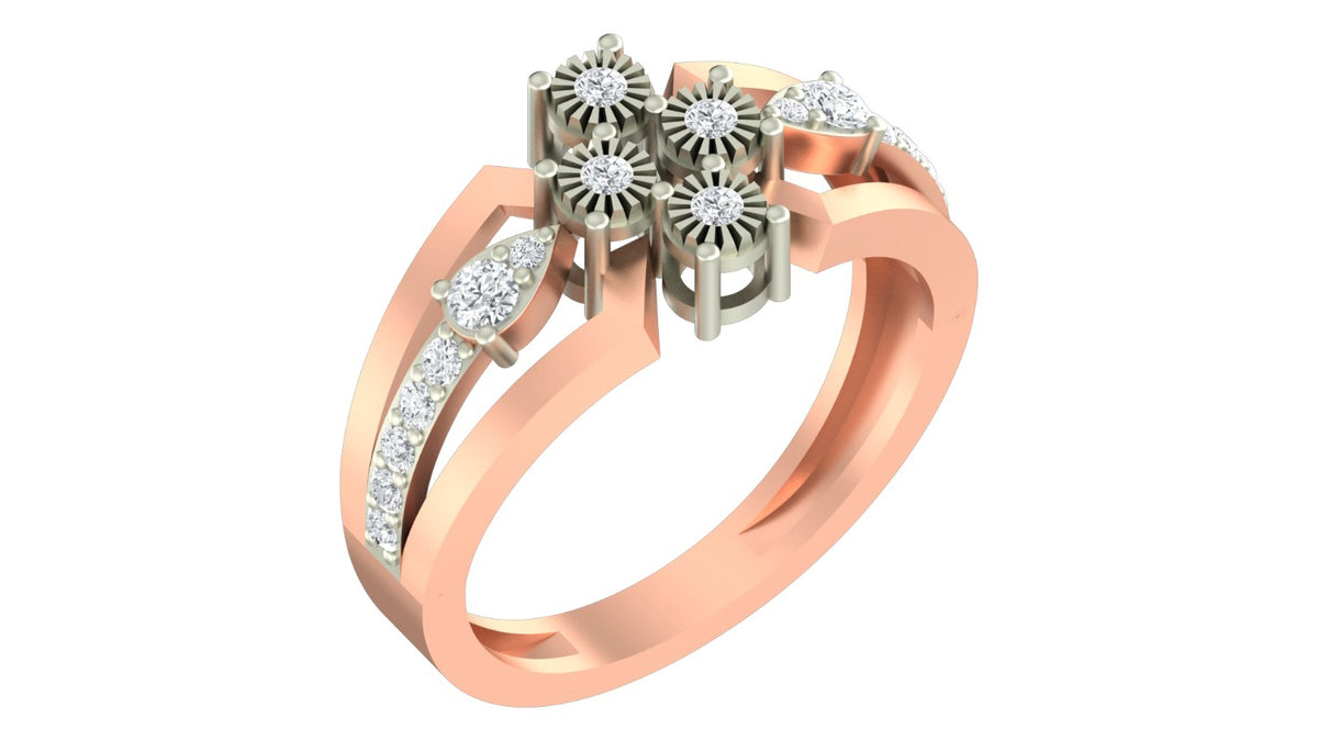 A rose gold and diamond ring featuring a flower-shaped diamond settings, shown on a plain white background.