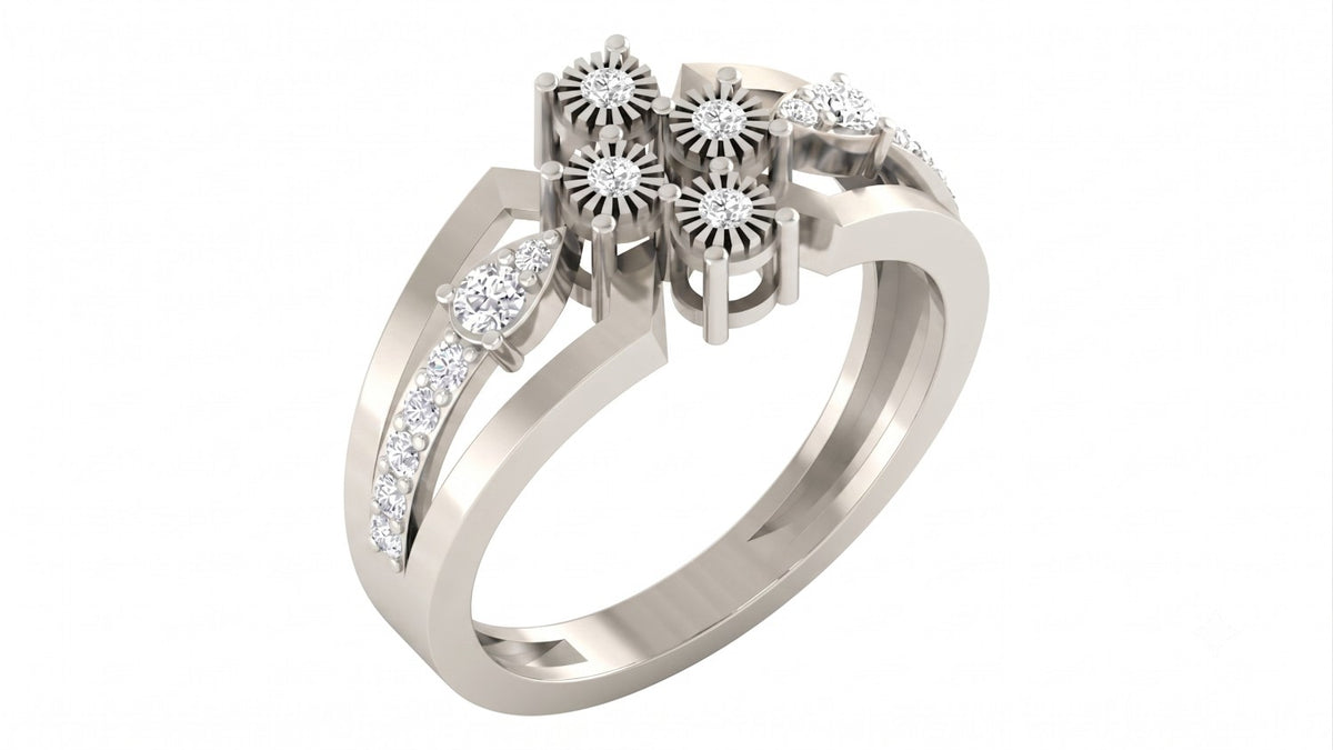 A white gold and diamond ring featuring a flower-shaped diamond settings, shown on a plain white background.