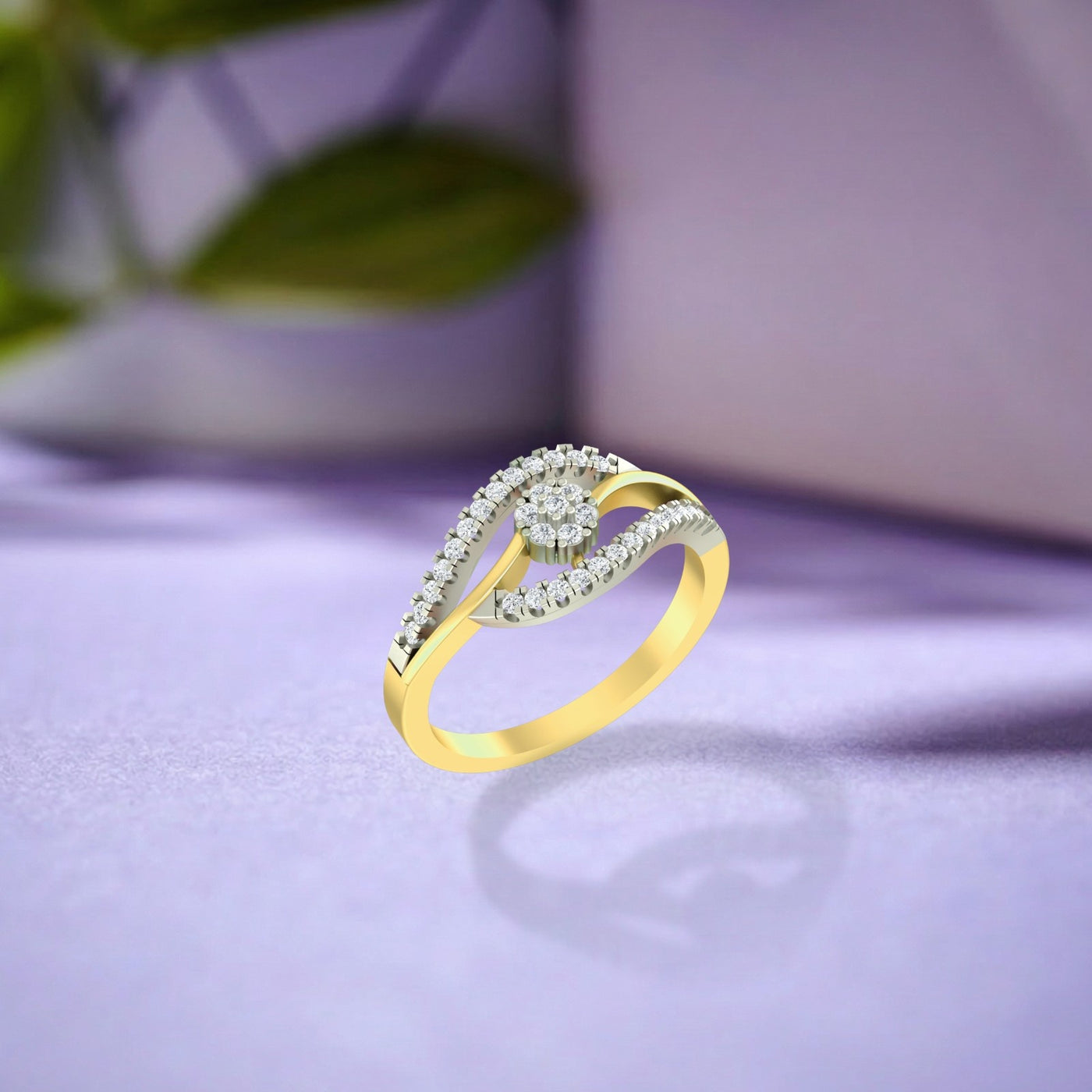 A gold ring with a curved, pavé-set diamond halo, displayed on a soft lavender surface with a blurred background.