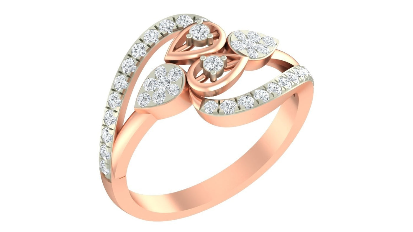 Rose gold ring with diamond accents on a white background.