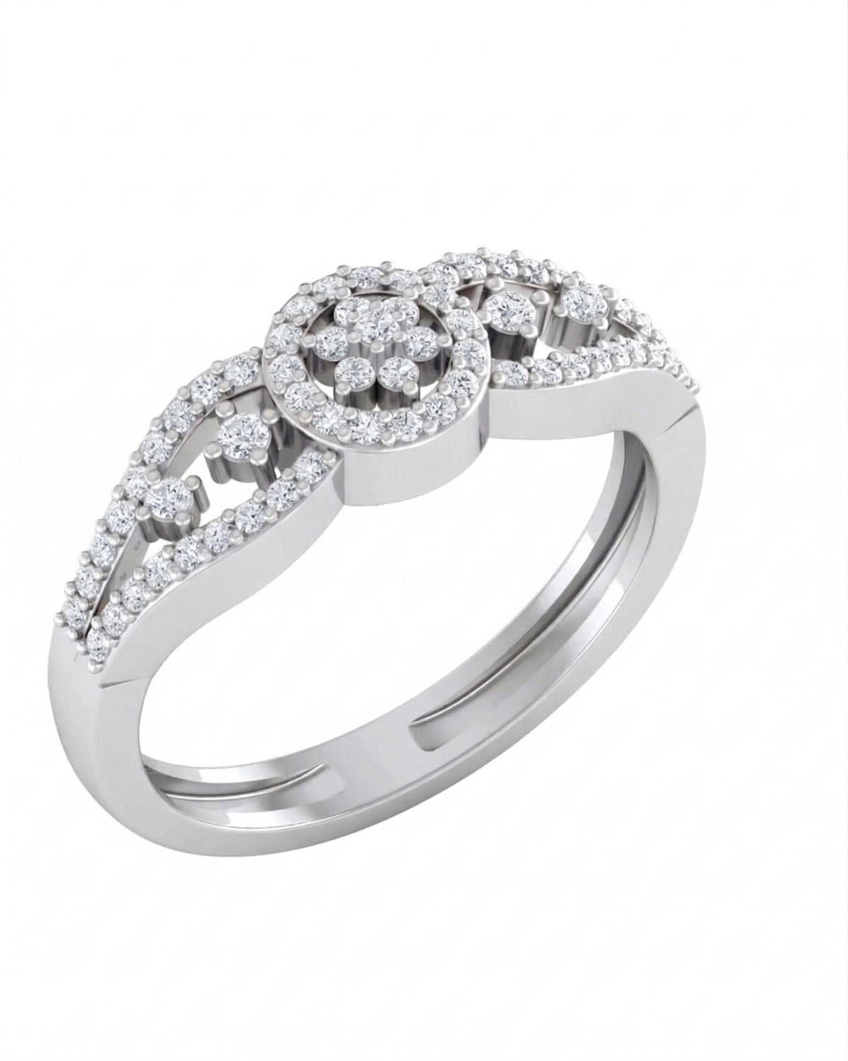 A white gold ring with a pavé-set diamond cluster in the center, shown on a plain white background.