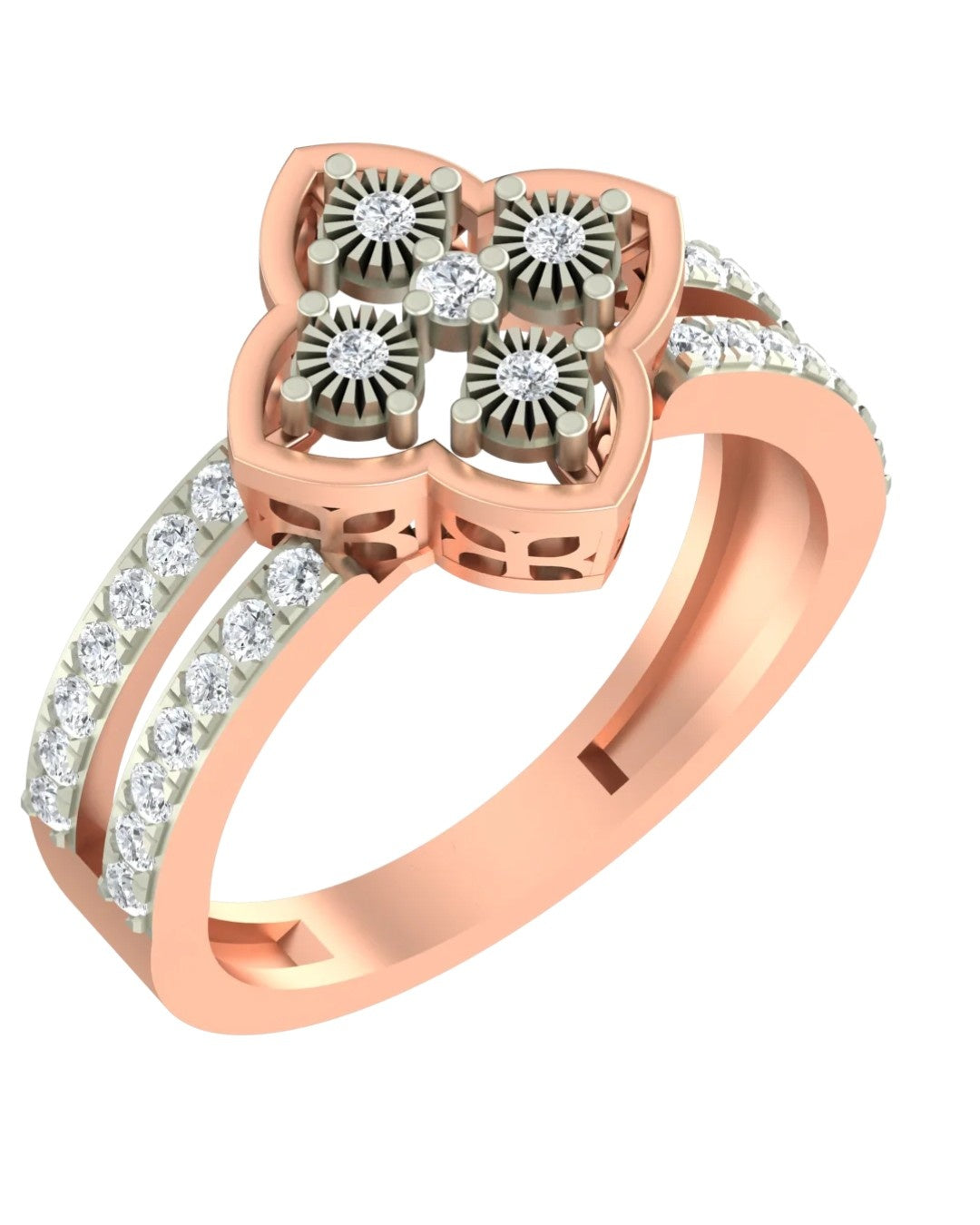 A rose gold ring featuring a four-petal flower motif set, shown on a plain white background.