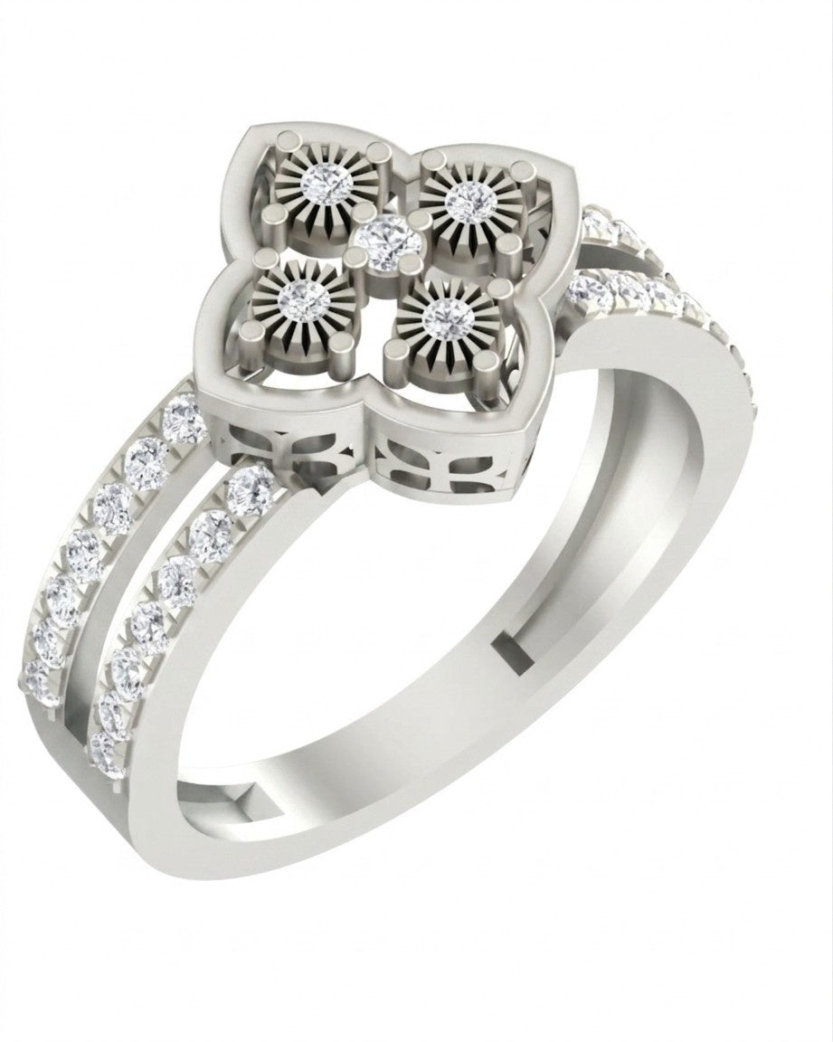A white gold ring featuring a four-petal flower motif set, shown on a plain white background.