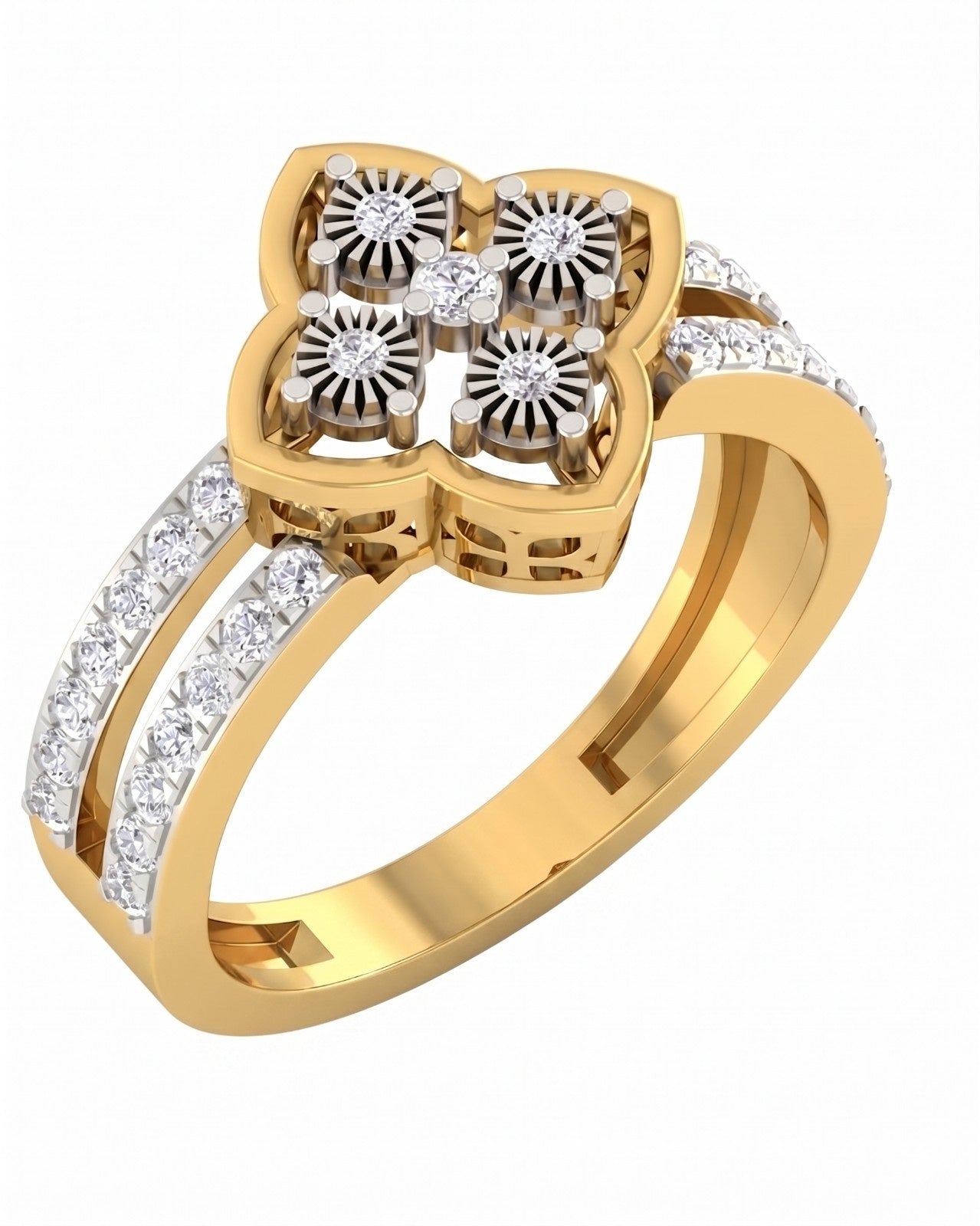 A yellow gold ring featuring a four-petal flower motif set, shown on a plain white background.