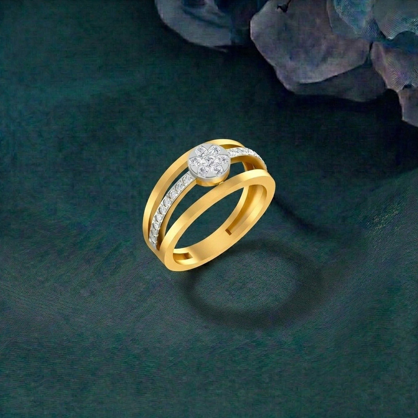 Gold ring with diamonds on a dark green textured background