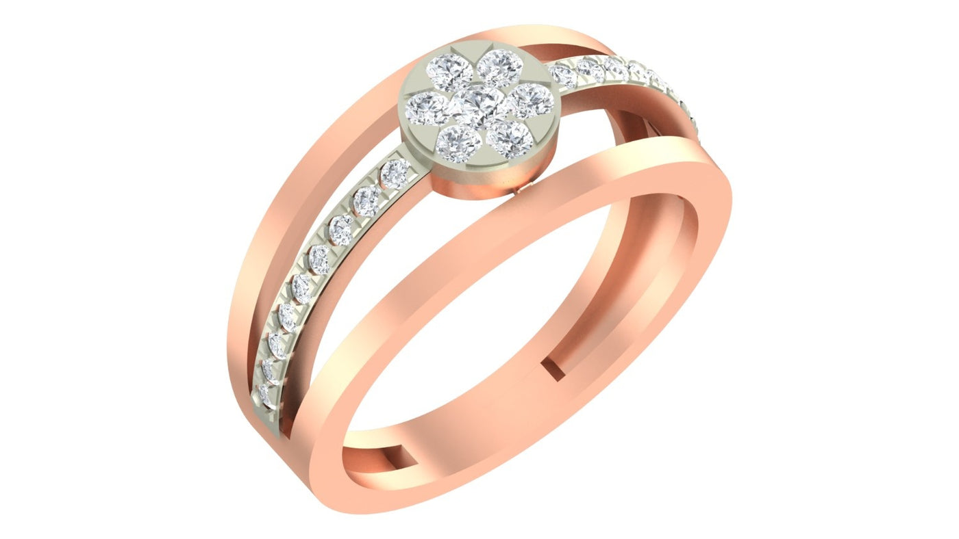 A rose gold and diamond  ring , featuring a round cluster at the top, shown on a plain white background.