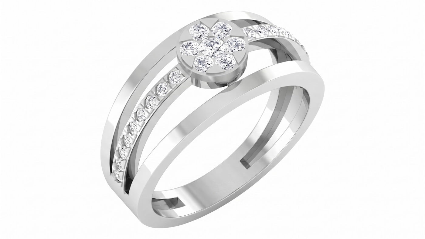 A white gold and diamond  ring , featuring a round cluster at the top, shown on a plain white background.
