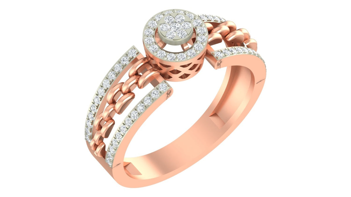 A rose gold ring with a round diamond center stone, surrounded by a halo, shown on a plain white background.