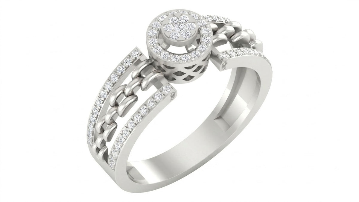A white gold ring with a round diamond center stone, surrounded by a halo, shown on a plain white background.