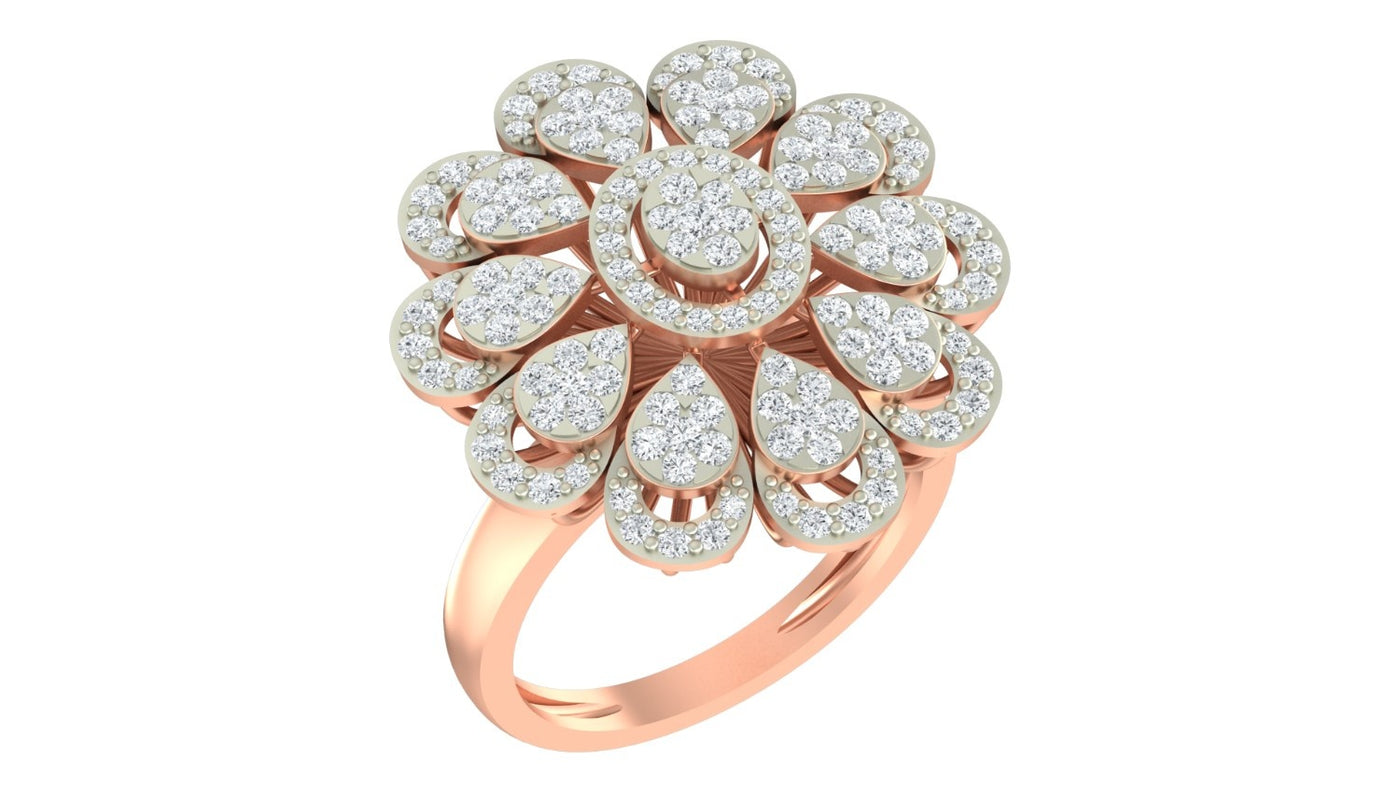 A rose gold ring featuring a large, multi-layered flower-shaped, shown on a plain white background.