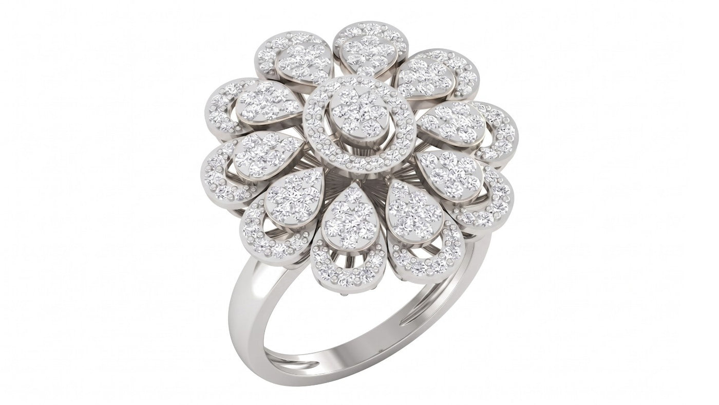 A white gold ring featuring a large, multi-layered flower-shaped, shown on a plain white background.