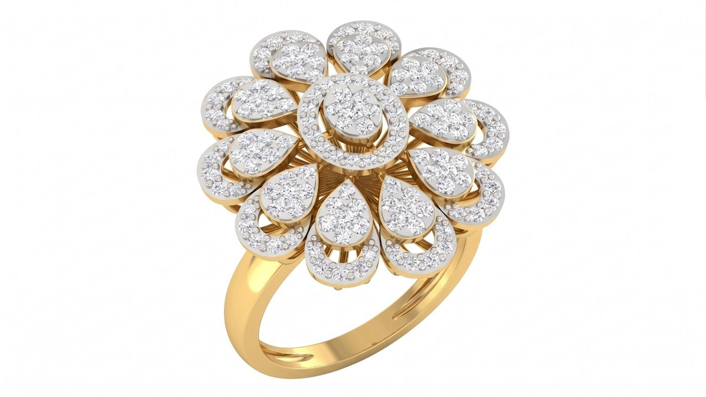 A yellow gold ring featuring a large, multi-layered flower-shaped, shown on a plain white background.