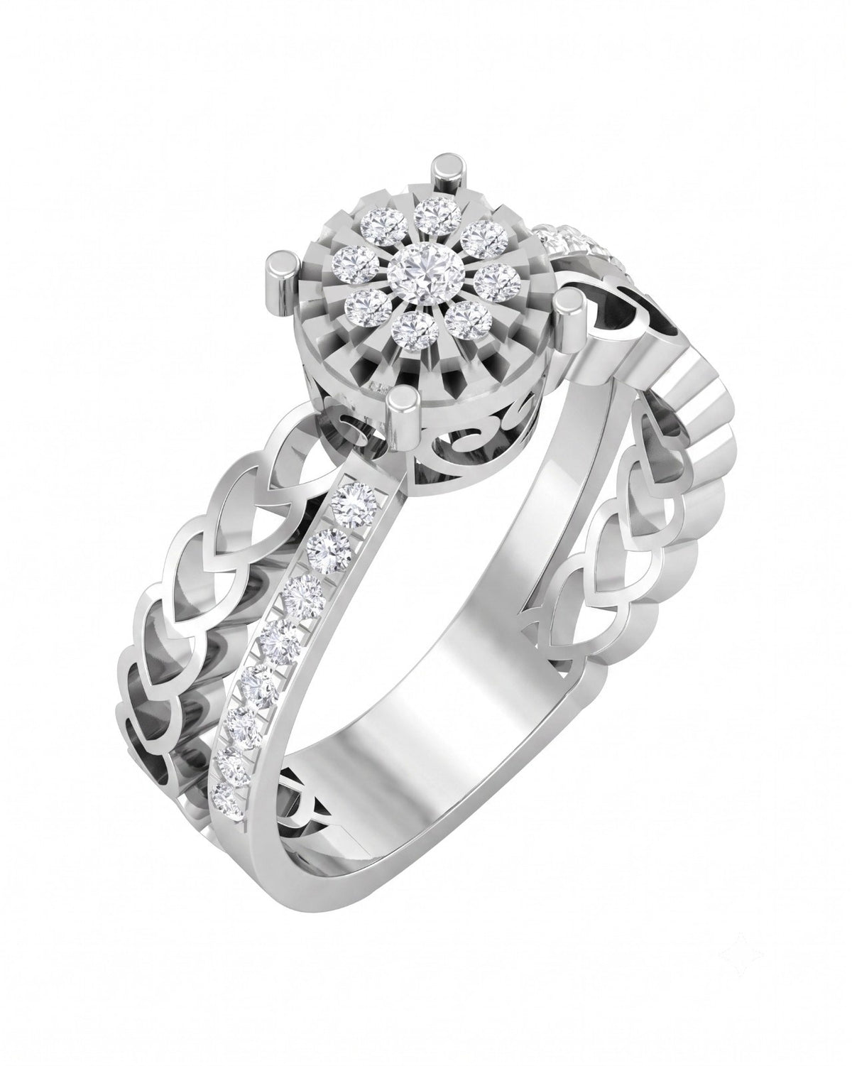White gold and diamond ring with diamond accents on a white background.
