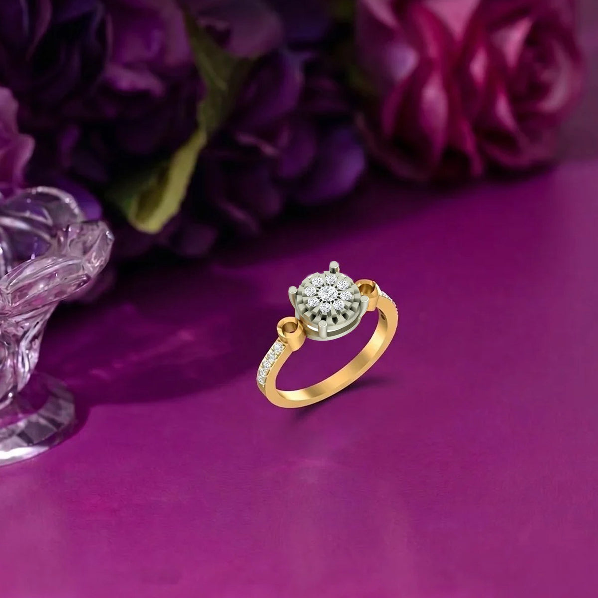 A gold and diamond ring with a round cluster, displayed on a purple surface.