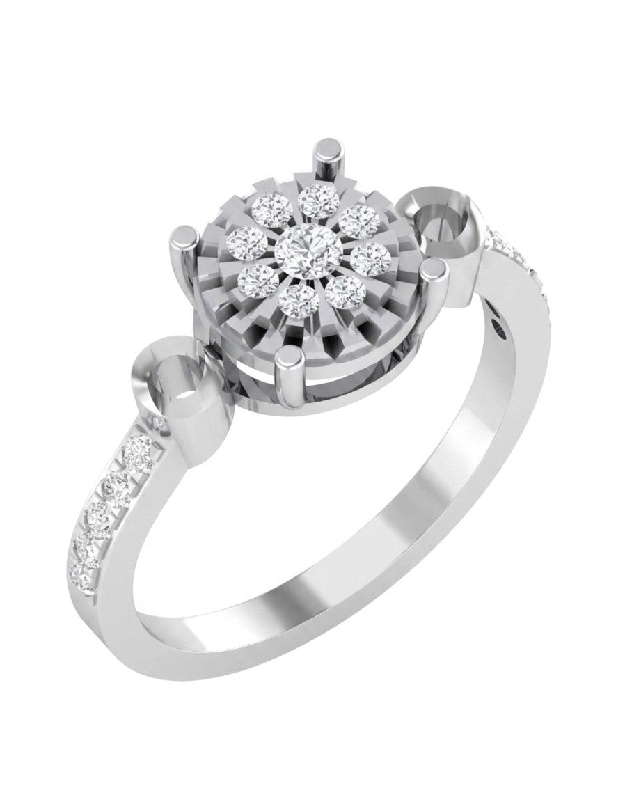 White gold ring with diamond cluster on a white background.