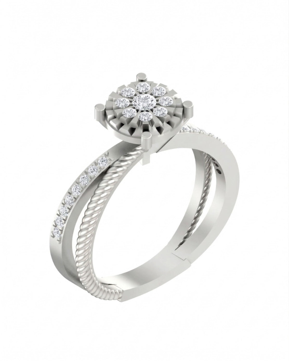 A white gold and diamond ring with a round diamond cluster setting, shown on a plain white background.