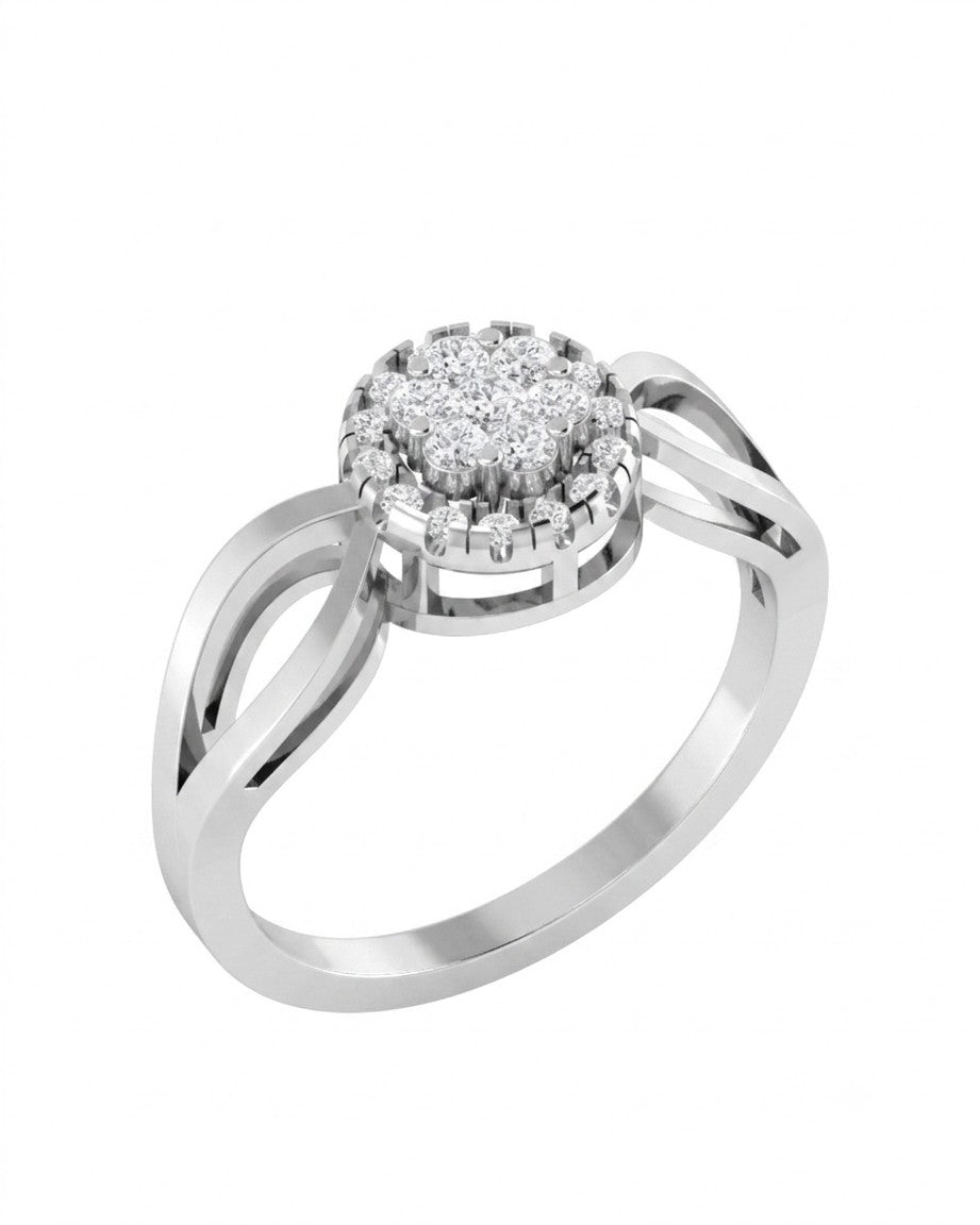 A white gold ring with a round halo center set, shown on a plain white background.