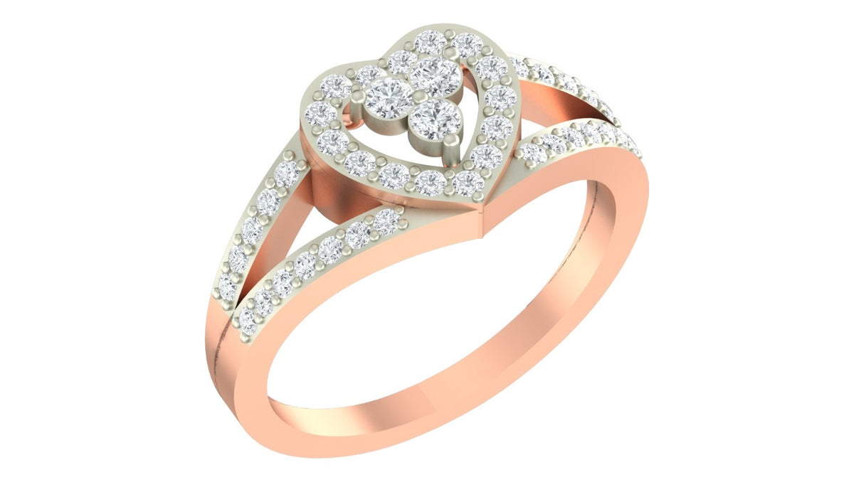 A rose gold ring with a heart-shaped diamond setting, featuring a central heart, shown on a plain white background.