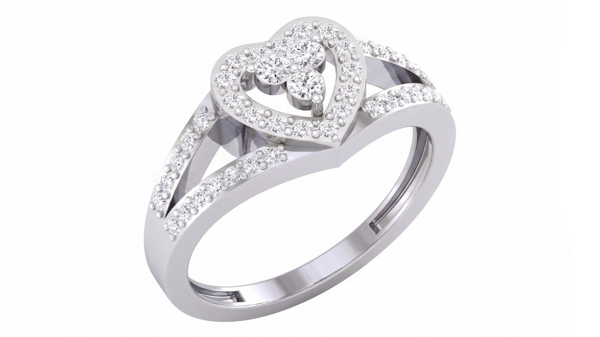 A white gold ring with a heart-shaped diamond setting, featuring a central heart, shown on a plain white background.