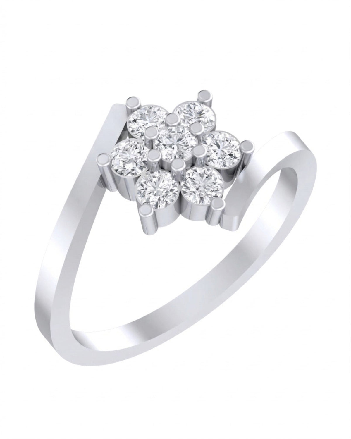 A white gold ring with a cluster floral or starburst-like arrangement, shown on a plain white background.