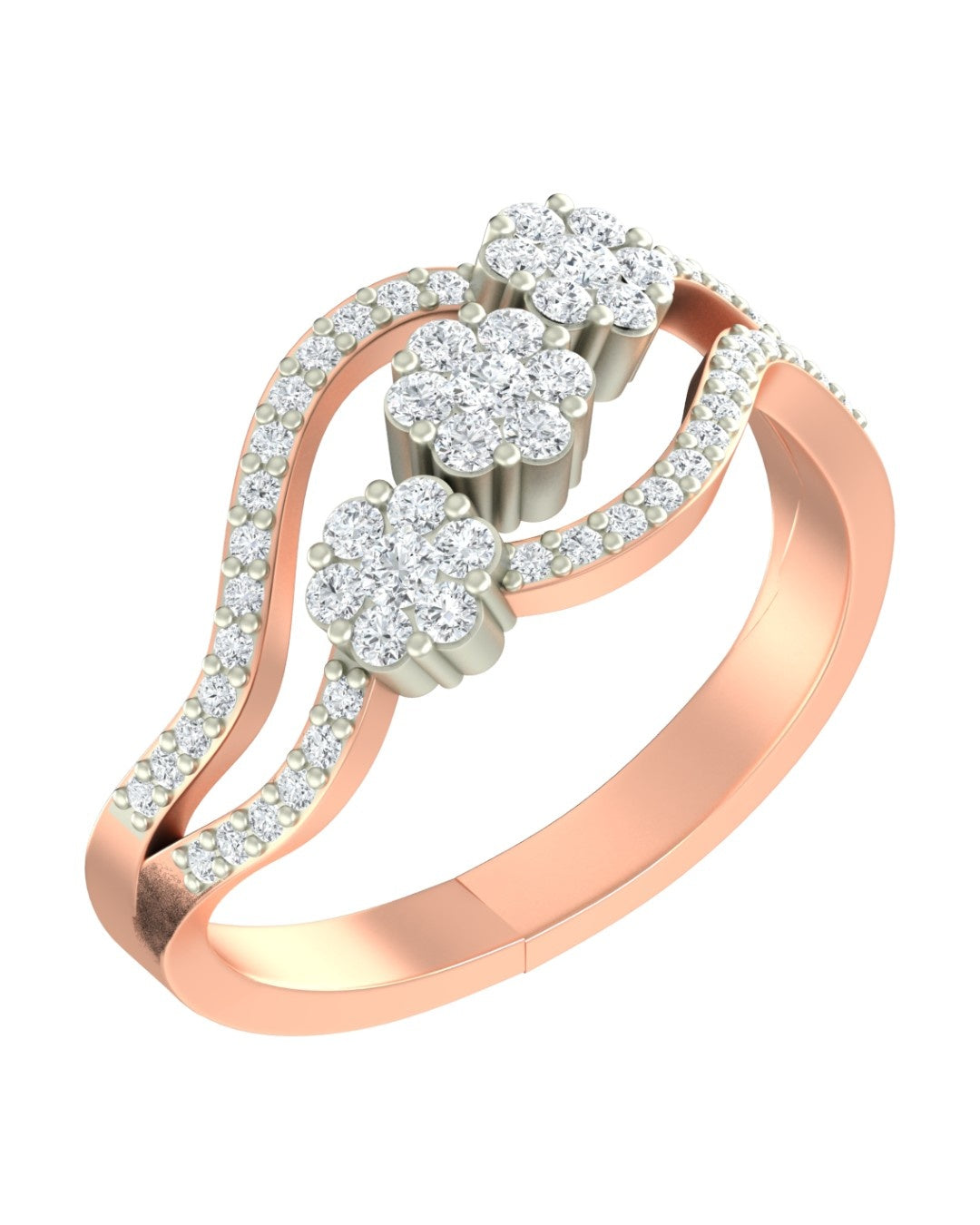 Rose gold and diamond ring with diamond accents on a white background