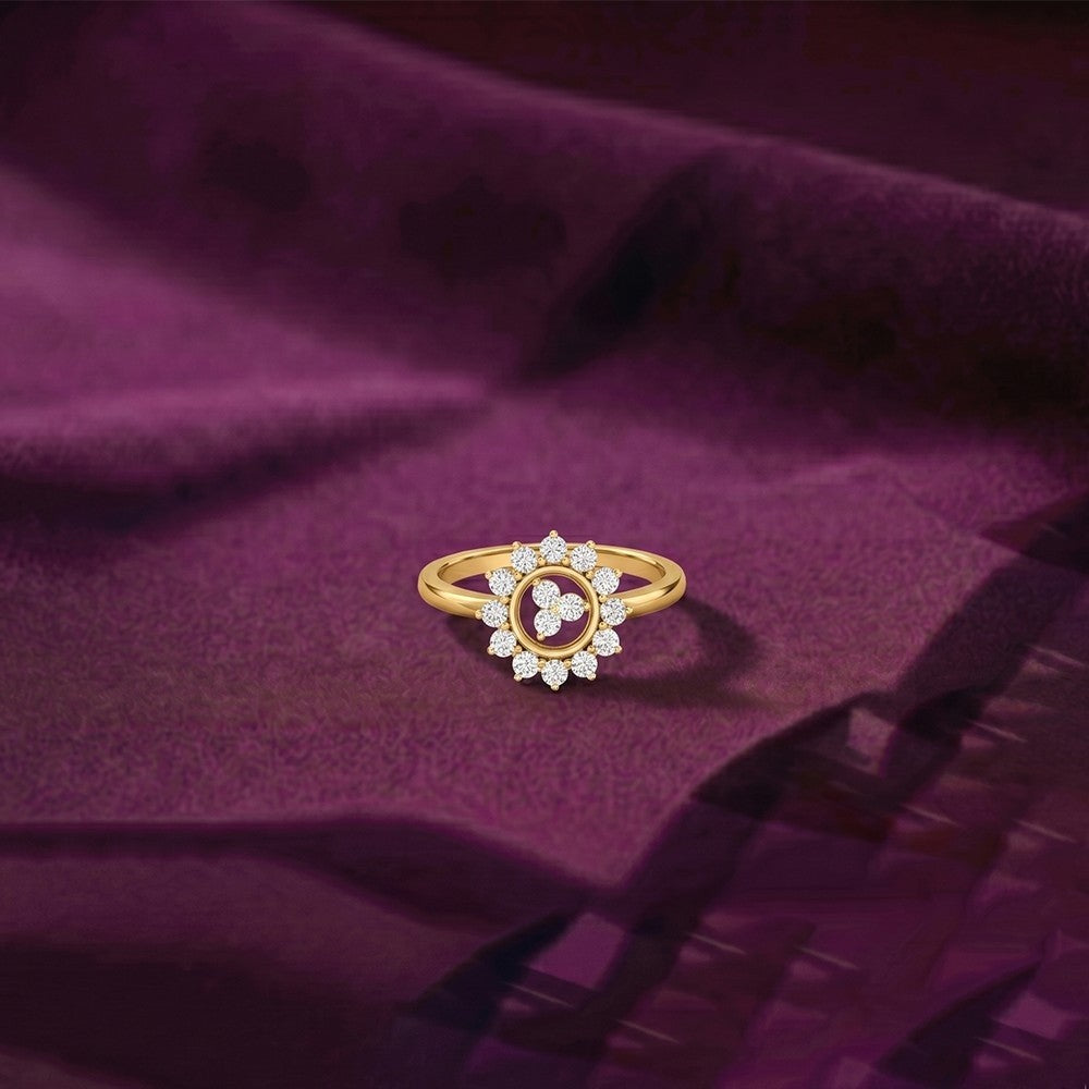Gold and diamond with floral design on a fabric surface.