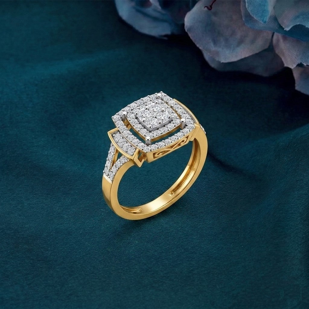 Gold ring with diamond accents on a dark blue background.