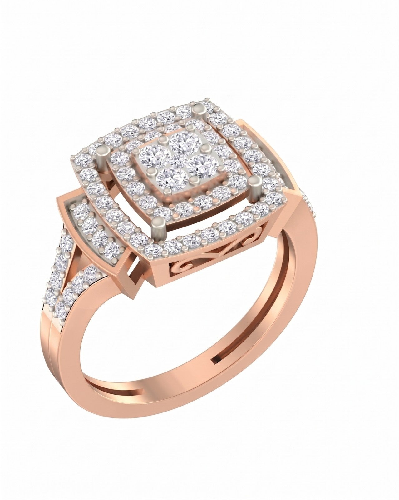Rose gold ring and diamond accents with halo design on a white background.