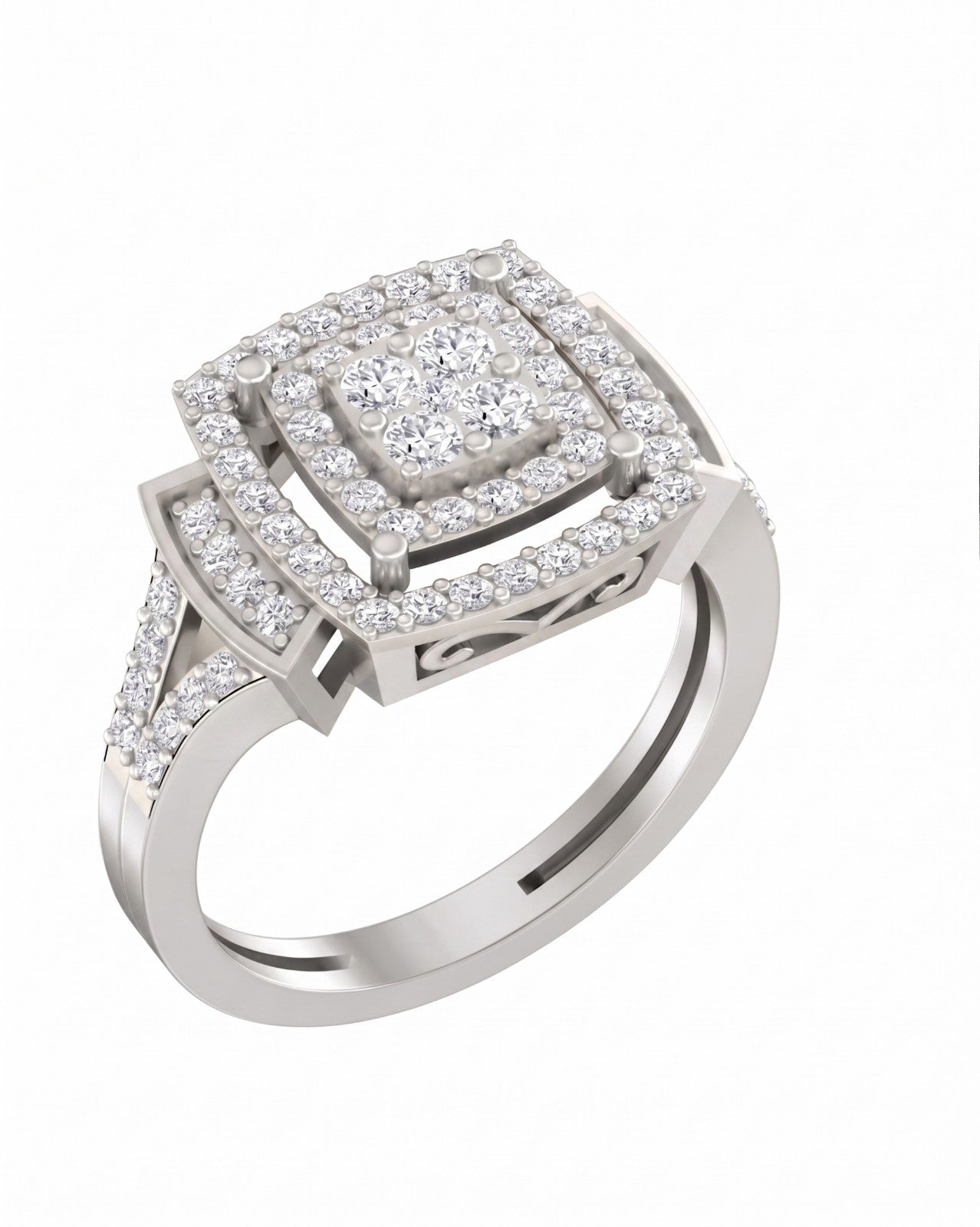 White gold ring and diamond accents with halo design on a white background.