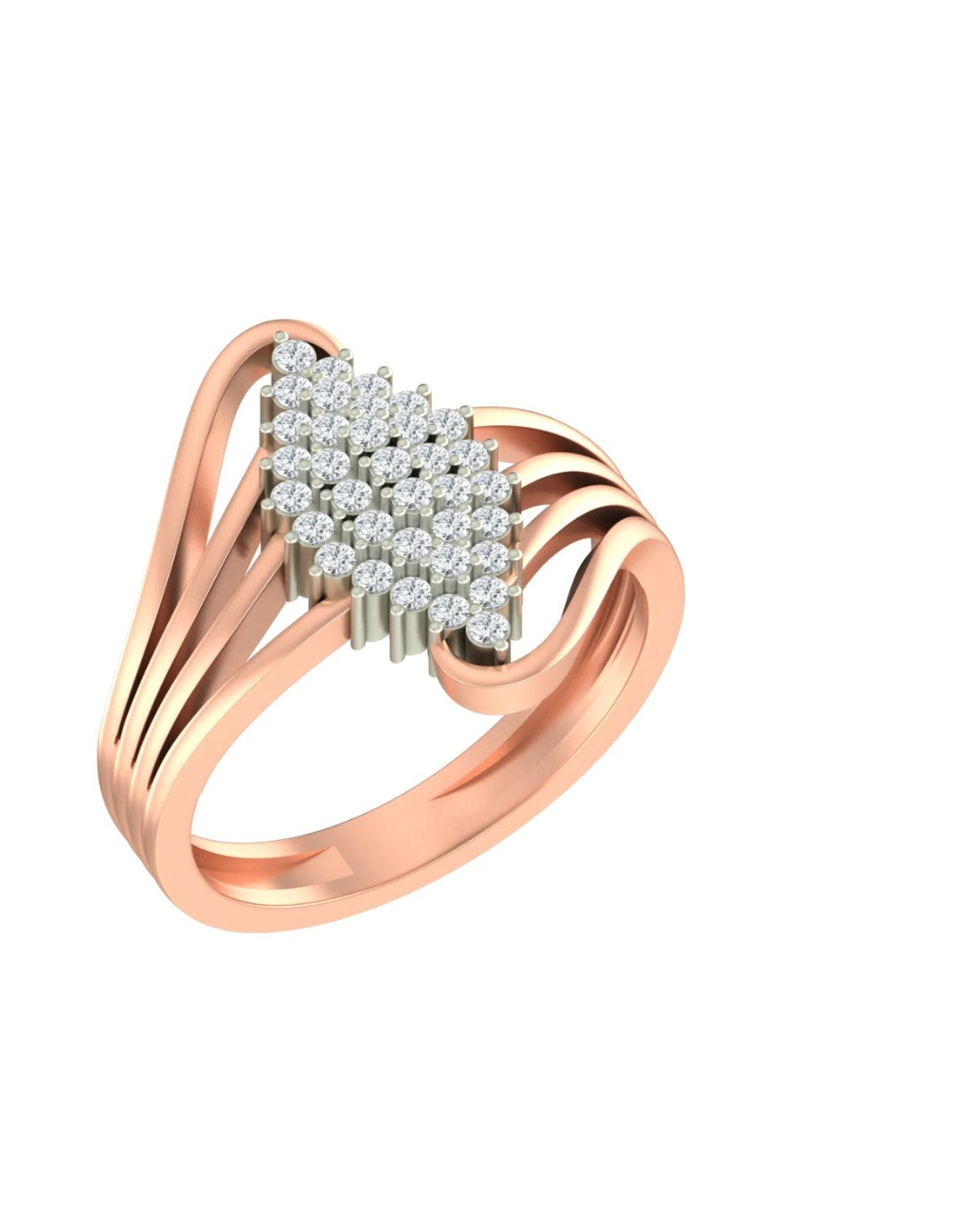 A rose gold and diamond ring featuring a triangular cluster, shown on a plain white background.