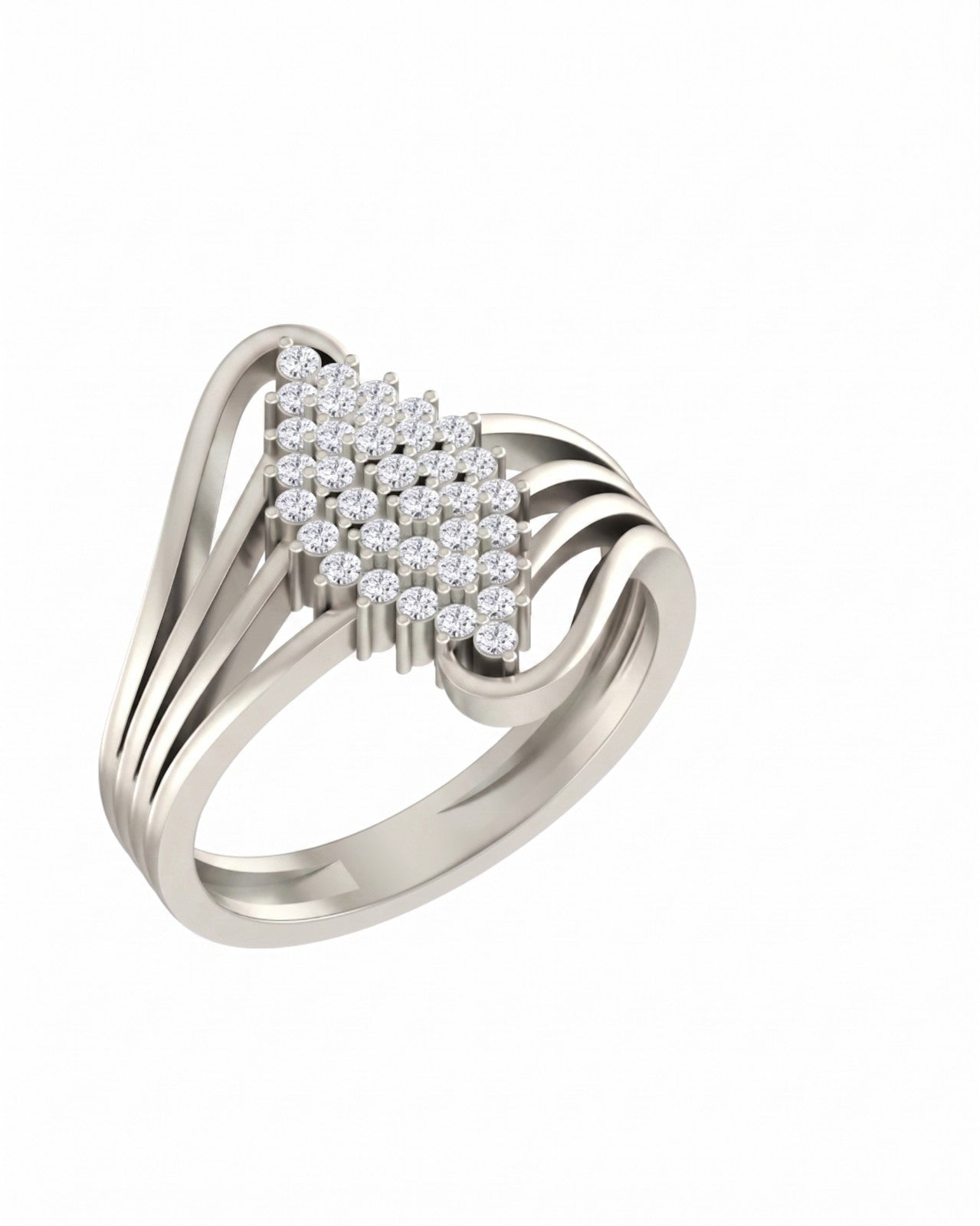 A white gold and diamond ring featuring a triangular cluster, shown on a plain white background.