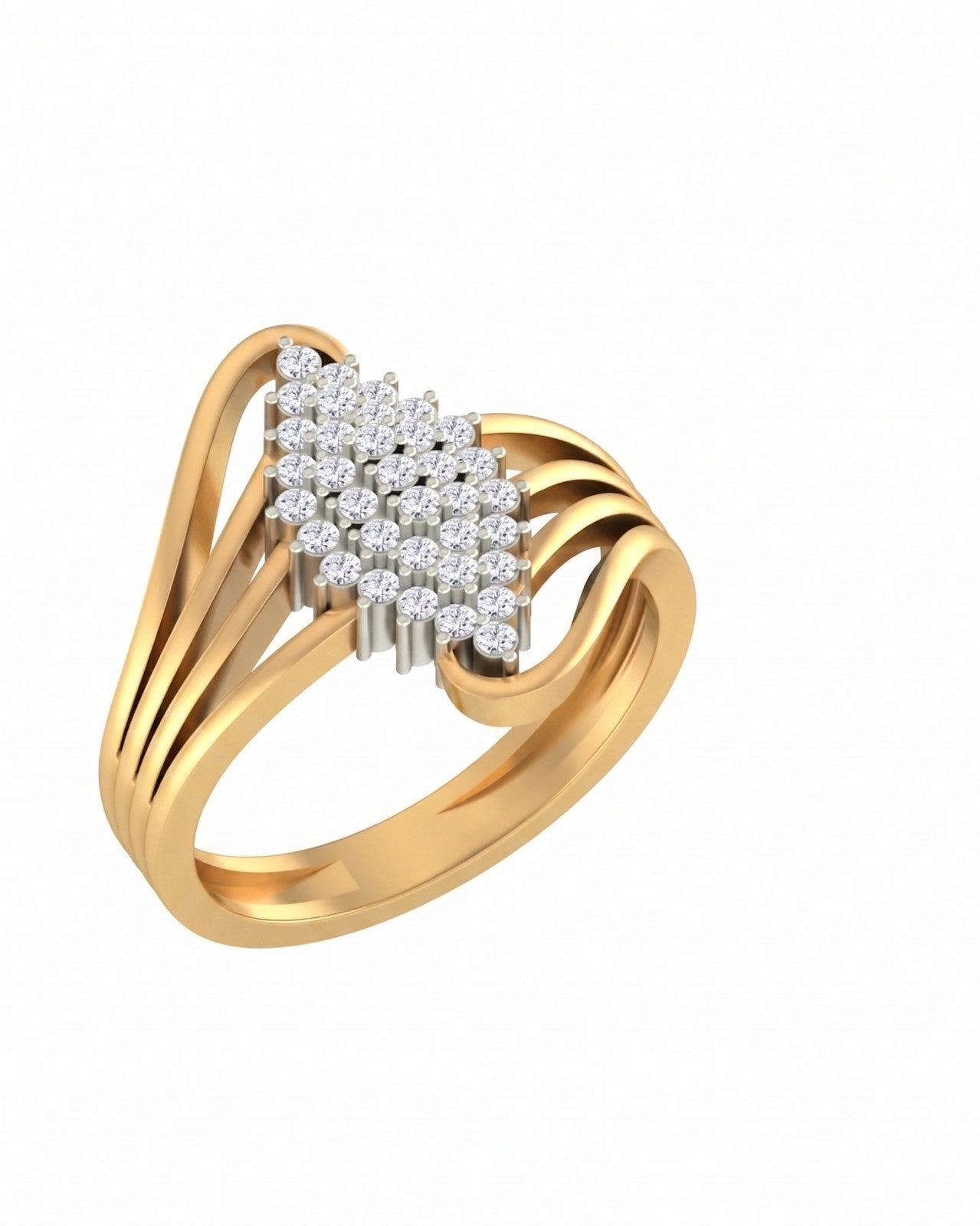 A yellow gold and diamond ring featuring a triangular cluster, shown on a plain white background.