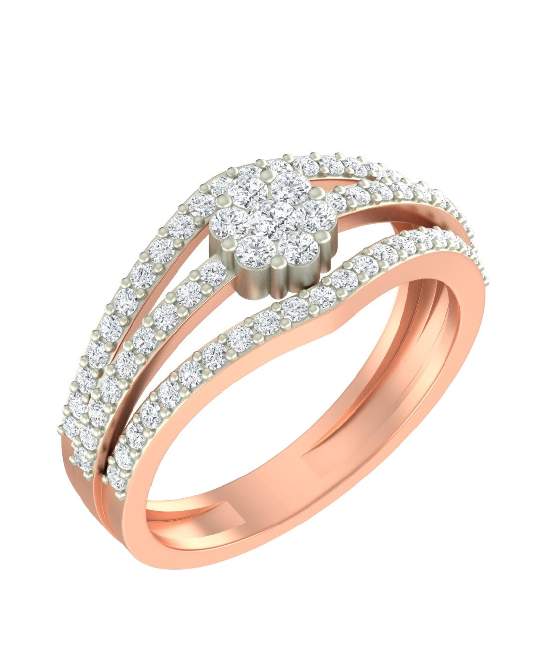 A rose gold band ring featuring a central cluster, shown on a plain white background.