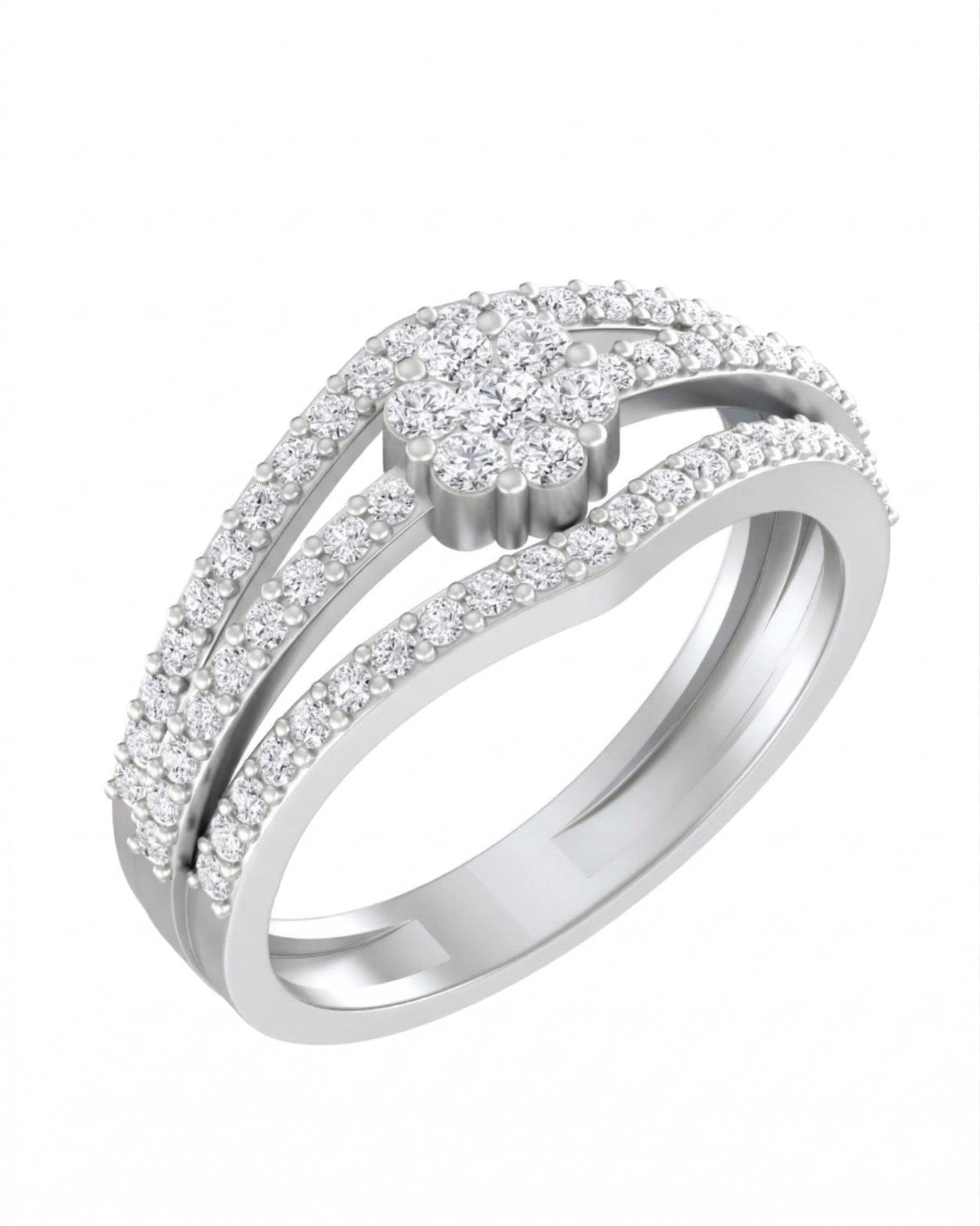 A white gold band ring featuring a central cluster, shown on a plain white background.