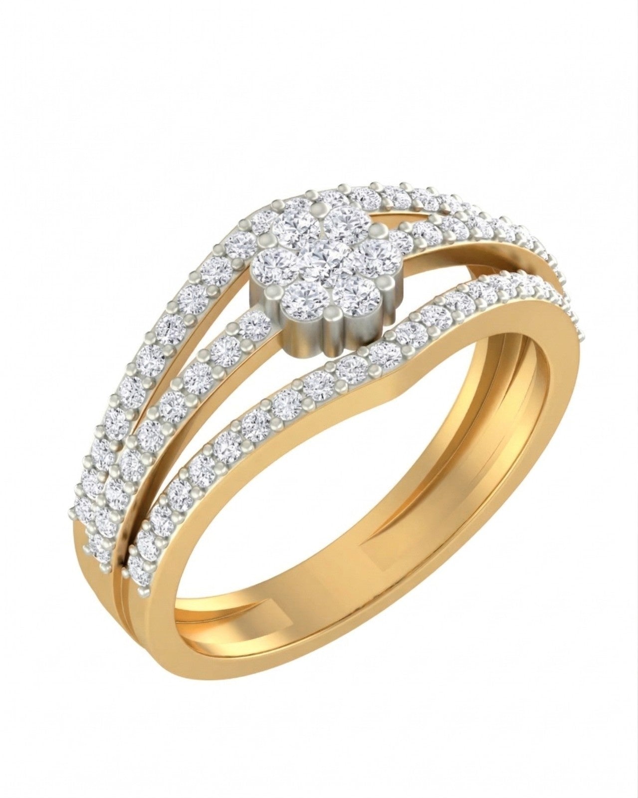 A yellow gold band ring featuring a central cluster, shown on a plain white background.