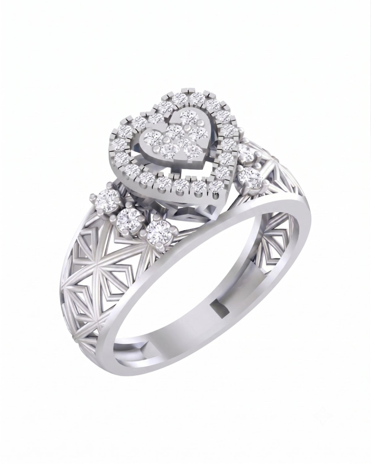 White gold ring with diamond heart design on a white background