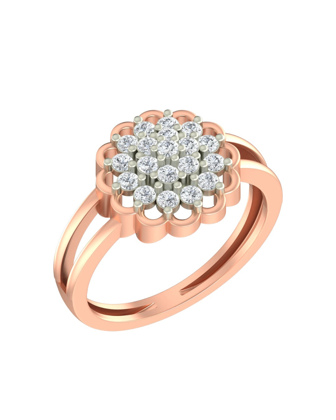 A rose gold ring featuring a flower-shaped cluster, set against a plain white background.