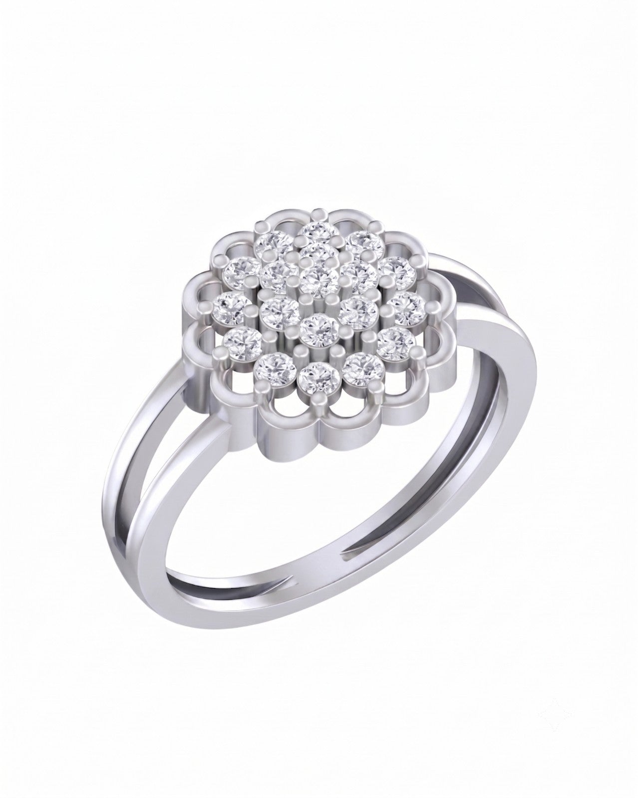 A rose gold ring featuring a flower-shaped cluster, set against a plain white background.