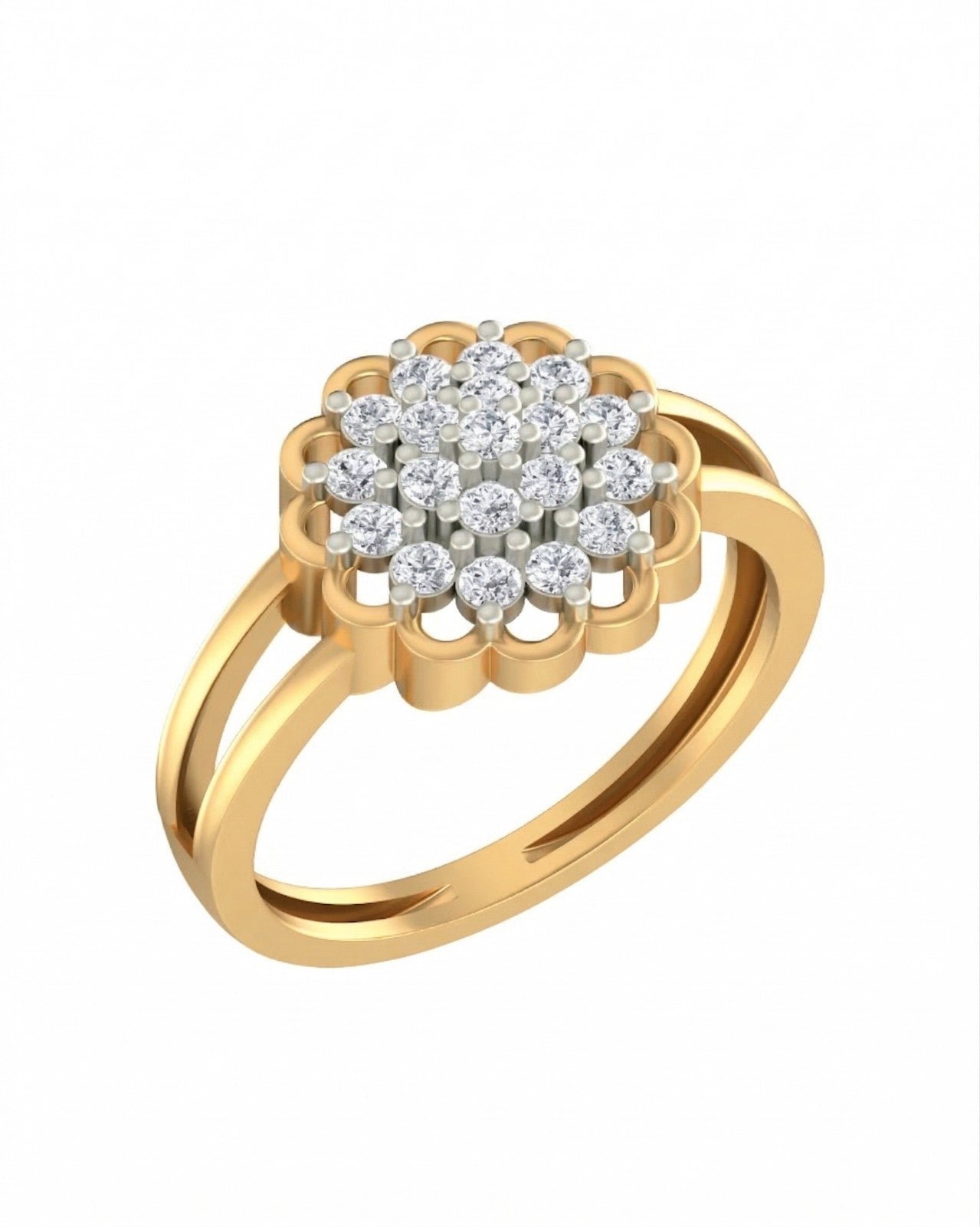 A yellow gold ring featuring a flower-shaped cluster, set against a plain white background.
