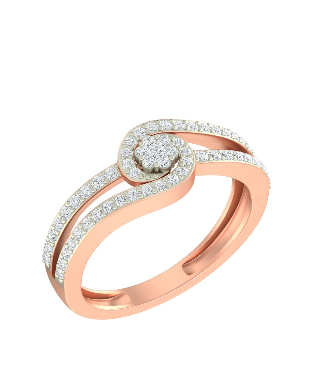 Rose gold ring with diamond accents on a white background