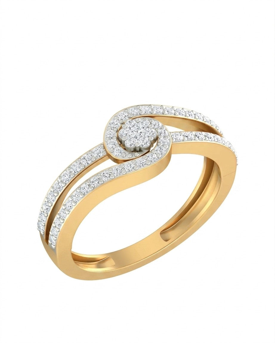 Yellow gold ring with diamond accents on a white background