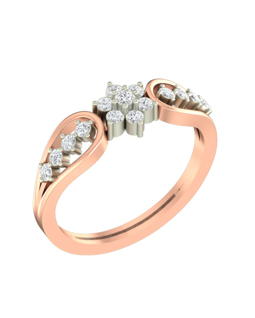 Rose gold ring with diamond accents on a white background.