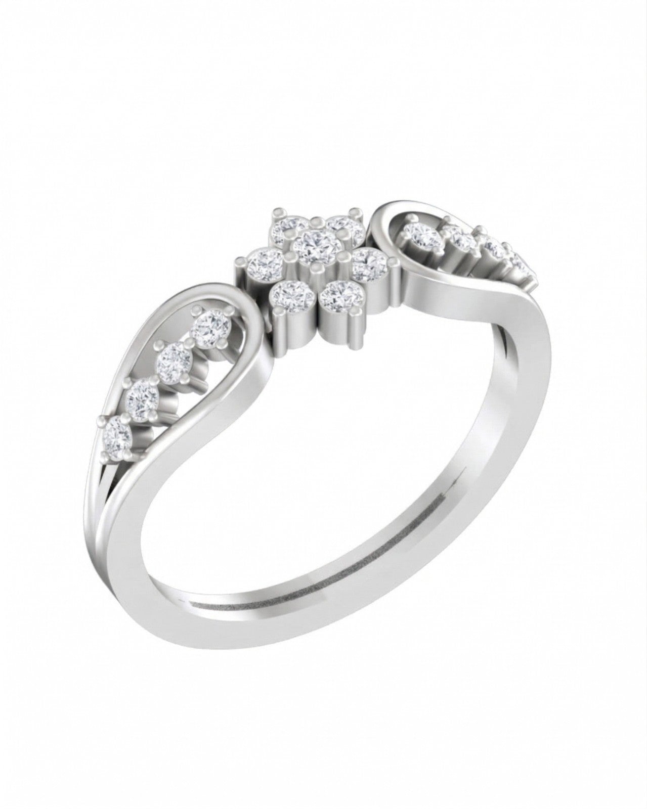 White gold ring with diamond accents on a white background.